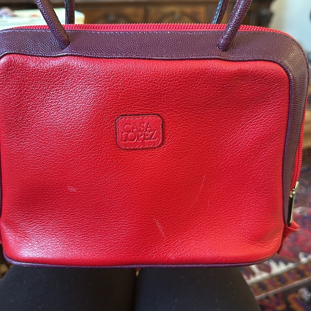 Vintage Casa Lopez leather handbag made in Argentina red & purple